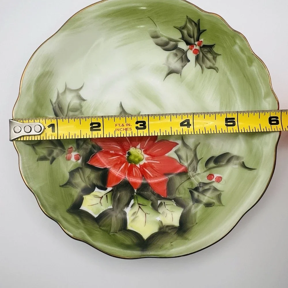 Lefton China Poinsettia Teacup Saucer Hand Painted Holiday Christmas Green Gold